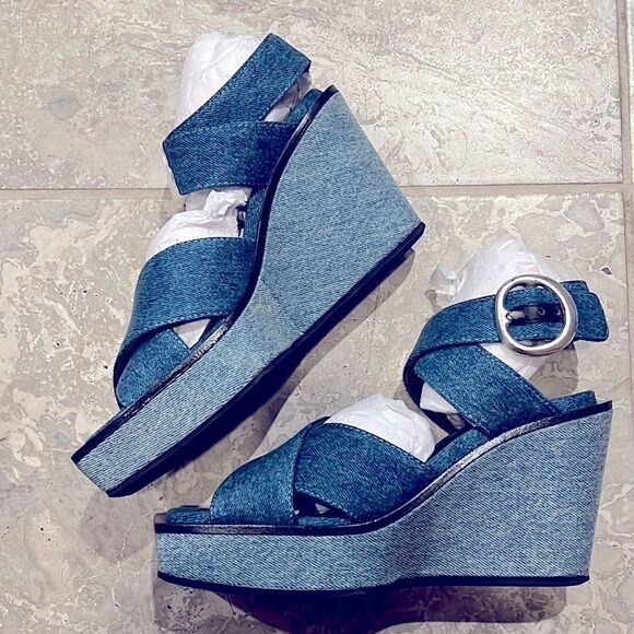 Rag & Bone Santiago Ankle Strap Platform Wedge Sandals Denim, New, Size US 8.5 - Picture 7 of 16